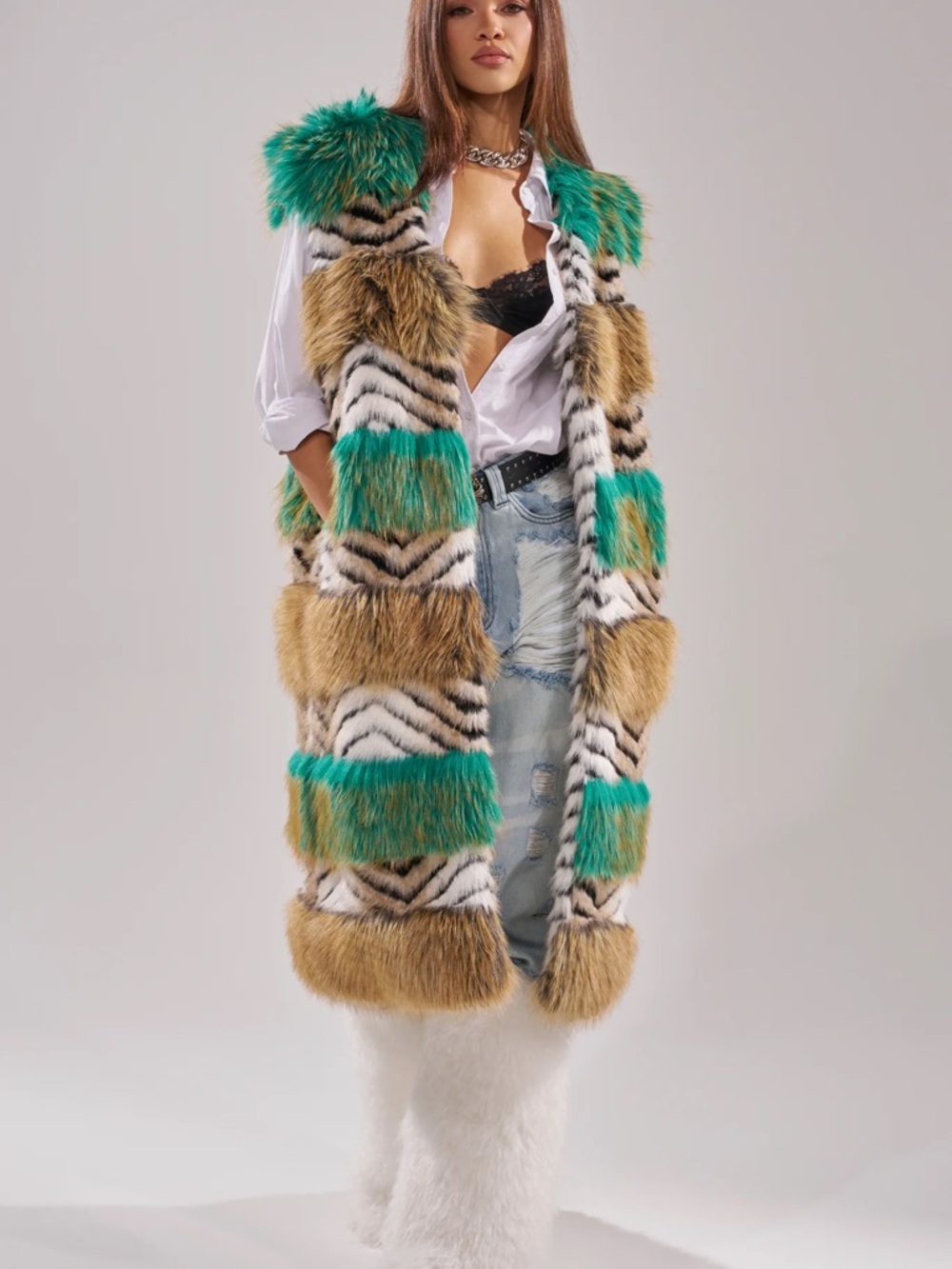 AKIRA Multi-Color Faux Fur Long Vest with Teal Accents - Picture 2 of 7